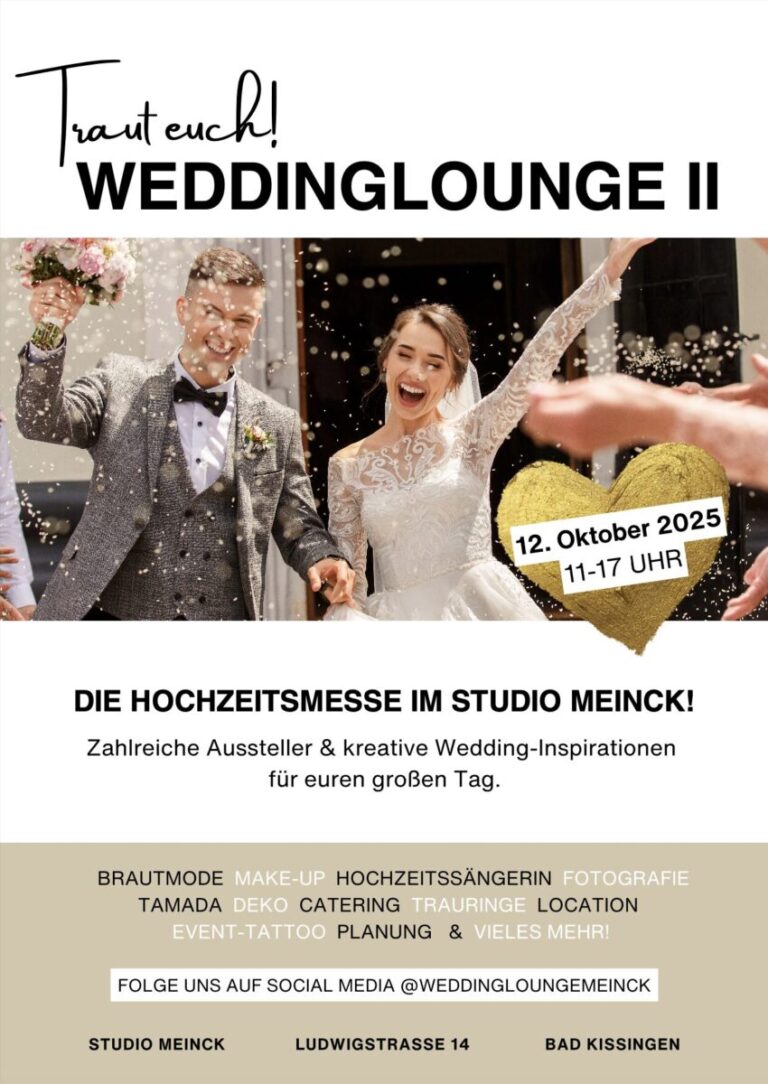 Flyer zur Weddinglounge im Studio Meinck mit fröhlichem Brautpaar vor einem Gebäude sowie Infos zu Datum, Uhrzeit und teilnehmenden Ausstellern