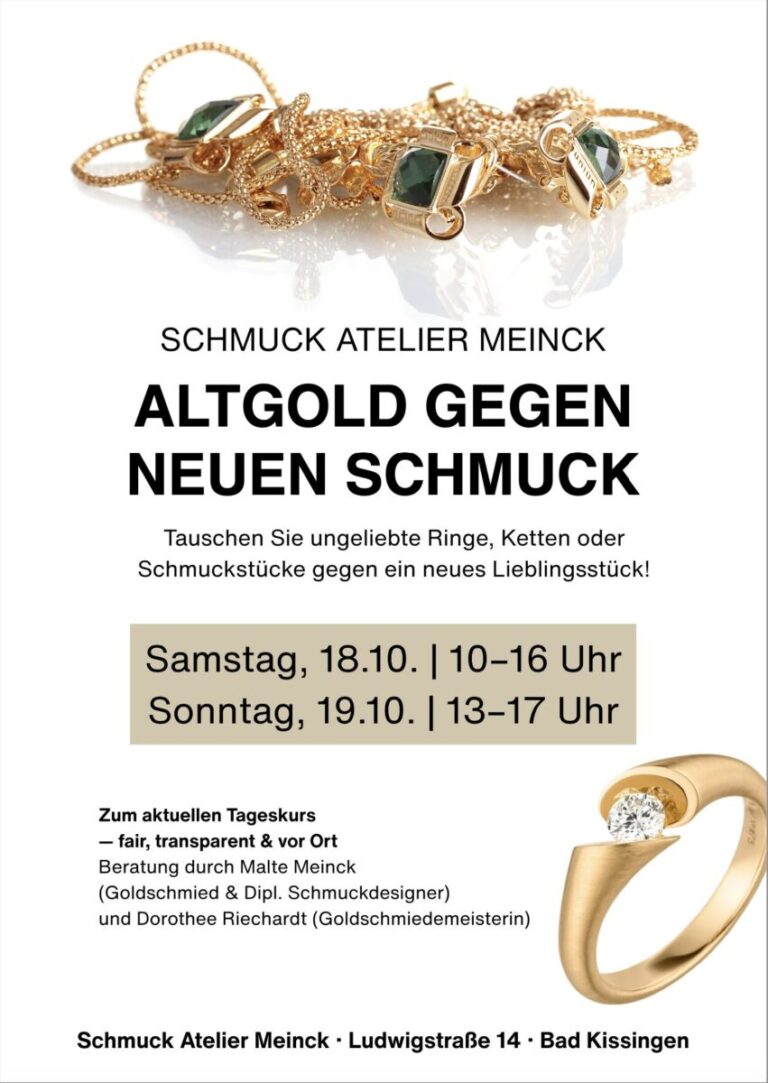 Flyer zur Altgoldaktion im Studio Meinck mit goldenen Schmuckstücken, Informationen zum Termin und Hinweisen zur Altgoldbewertung und Anrechnung